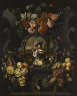 Frans van Everbroeck - A Cartouche Still Life Of Flowers And Fruit Around A Portrait Of A Lady Dressed As A Shepherdess