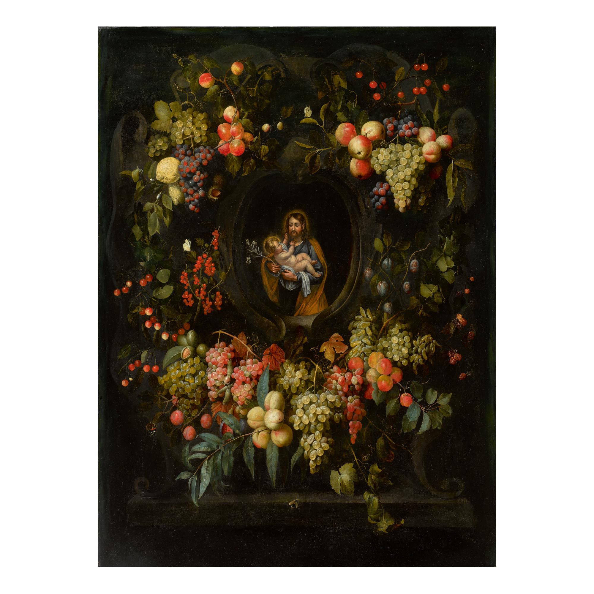 Frans Van Everbroeck - Garland Of Fruit Surrounding A Stone Cartouche With St. Joseph Holding The Christ Child