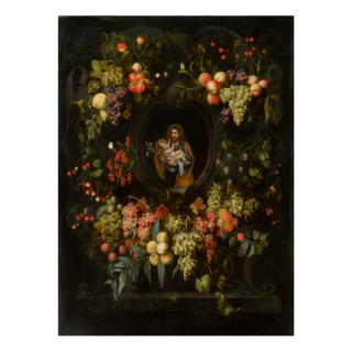 Frans Van Everbroeck - Garland Of Fruit Surrounding A Stone Cartouche With St. Joseph Holding The Christ Child