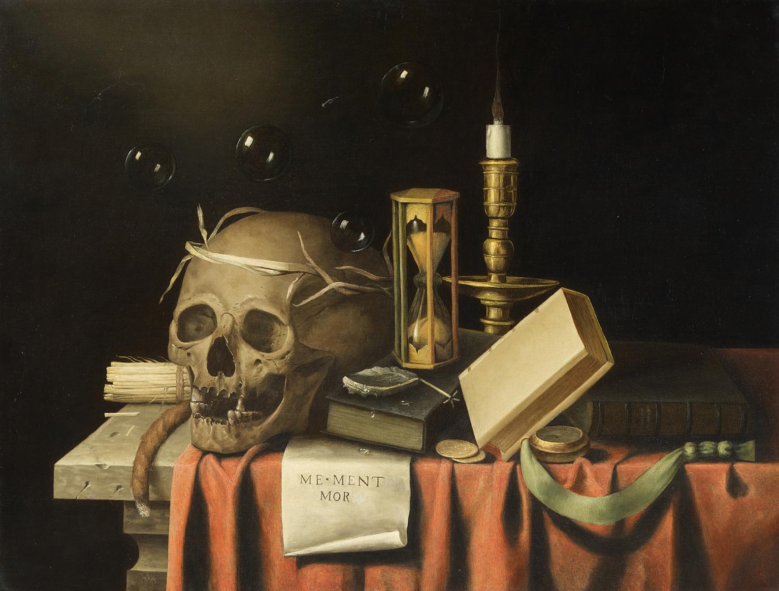 Frans van Everbroeck - Memento Mori. Vanitasstillleben mit Schädel, Sanduhr, Kandelaber, Büchern und einer Haarlocke