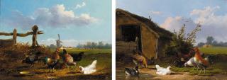 Frans van Leemputten - Chickens in a landscape with distant windmill; Chickens in a landscape with farm buildings