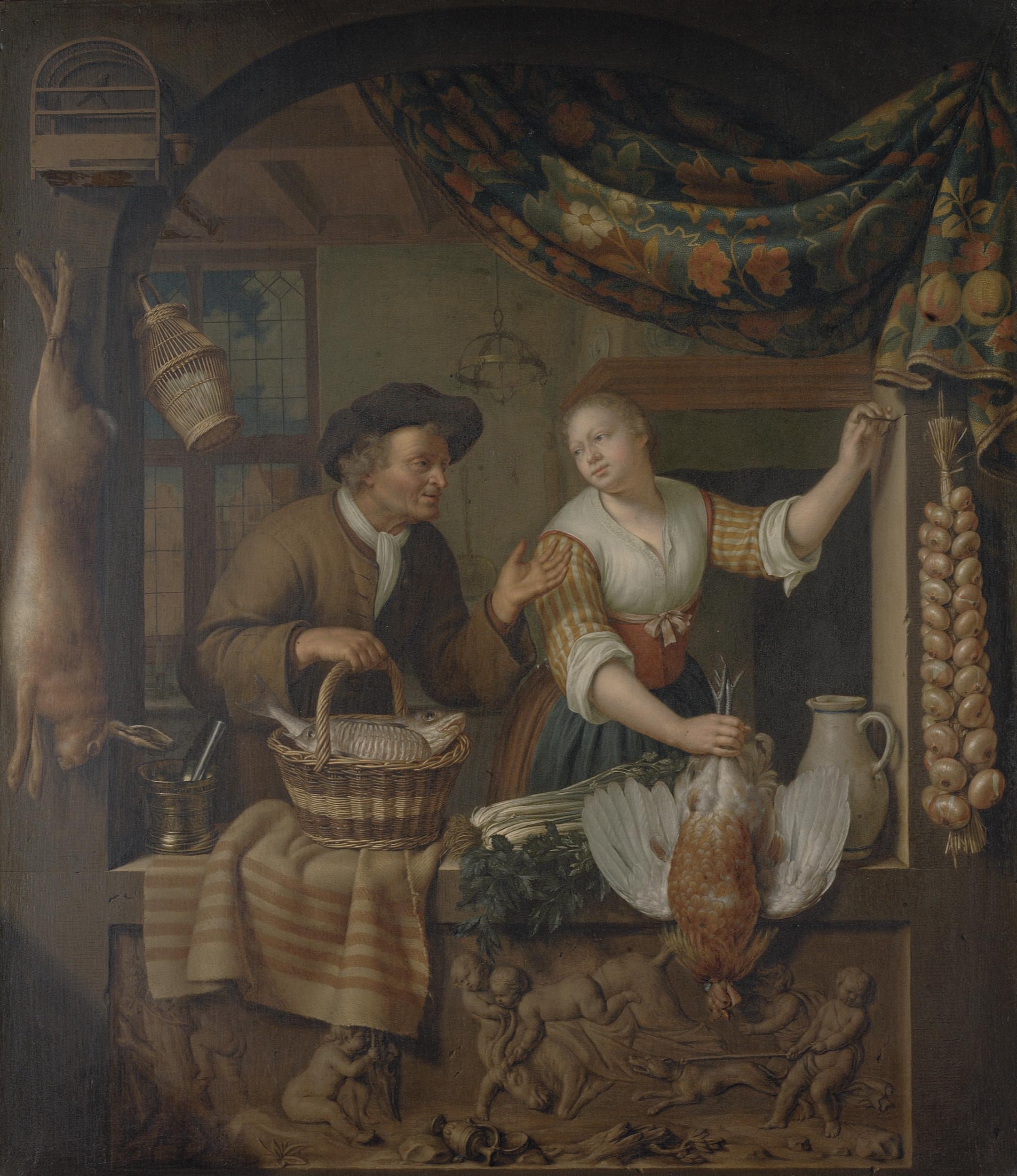 Frans van Mieris II - A fish seller and a poultry seller in an arched window, above a carved relief