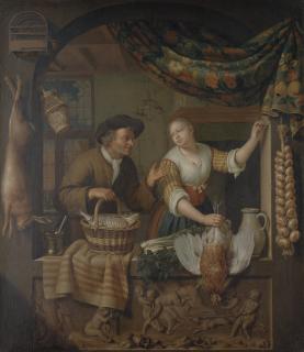 Frans van Mieris II - A fish seller and a poultry seller in an arched window, above a carved relief
