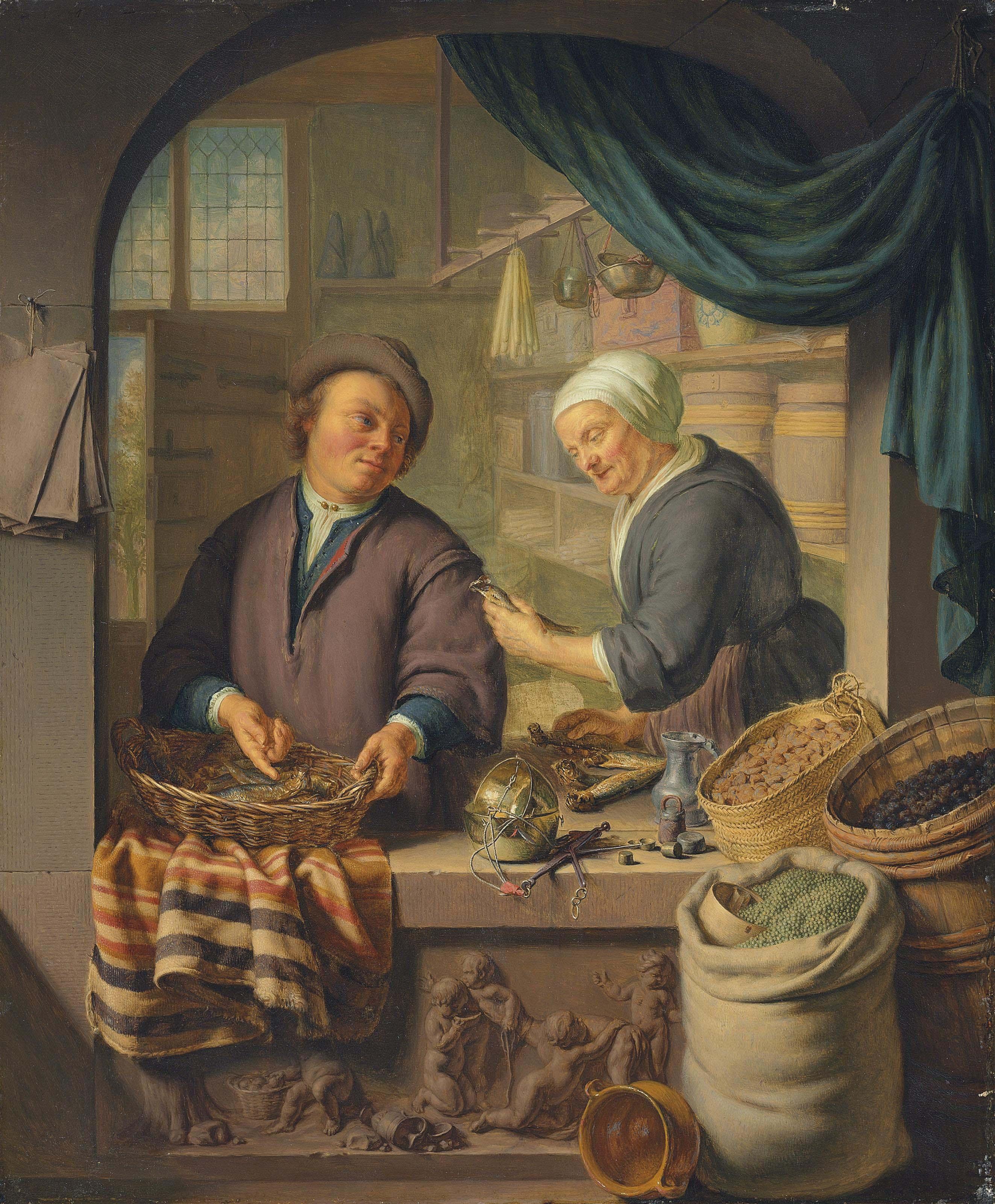 Frans van Mieris II - A man and a woman in a grocer\'s shop, with fish in a woven basket and scales on a stone ledge sculpted with putti, with a basket of walnuts, a sack of peas, a barrel of dates