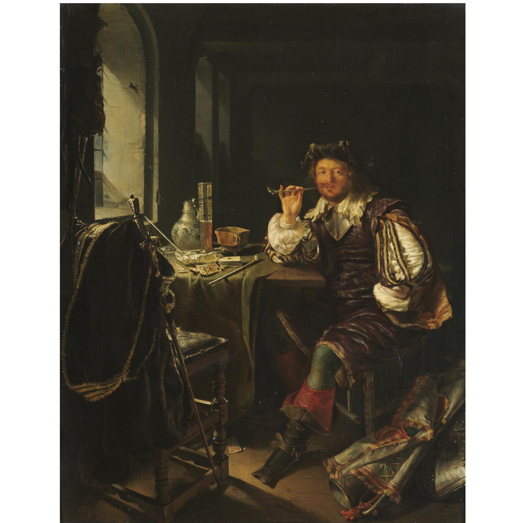 Frans van Mieris the Elder - An Interior With A Soldier Smoking A Pipe