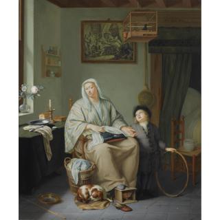 Frans van Mieris the Younger - An Interior With A Woman Doing Needlework And A Young Boy With A Hoop