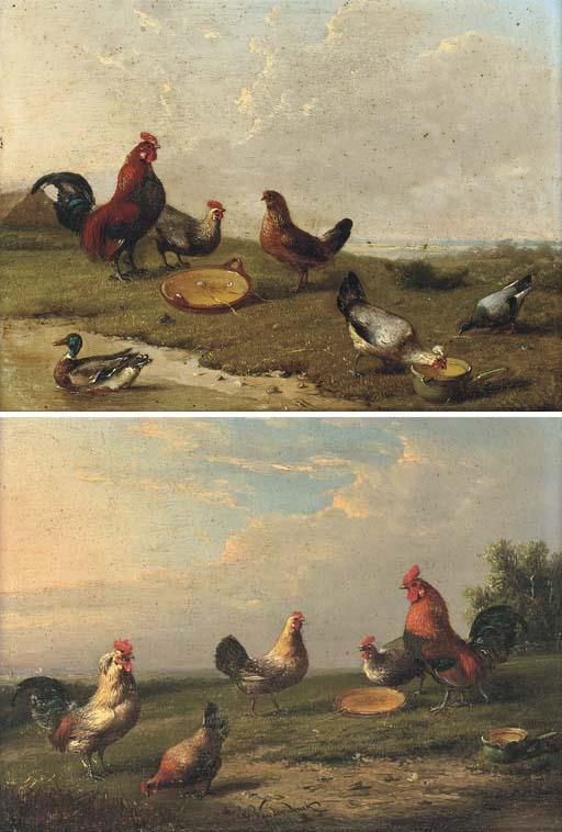 Frans Van Severdonck - Poultry at the pond; and Another similar
