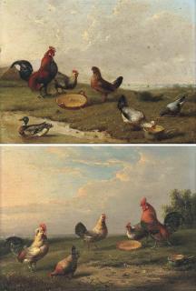 Frans Van Severdonck - Poultry at the pond; and Another similar