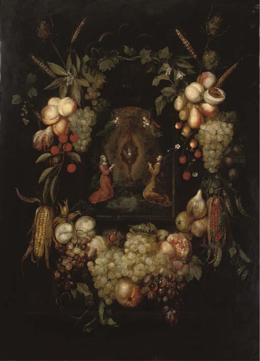 Frans Ykens - A garland of fruits surrounding a niche with angels worshipping the monstrance