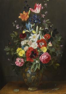 Frans Ykens - A Still Life Of Roses, Lilies, Tulips And Other Flowers In A Vase With A Butterfly