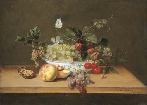 Frans Ykens - Grapes on the vine, whitecurrants, blackberries, cherries and a walnut in a porcelain bowl with peaches, grapes and a walnut on a wooden table ledge with a large white butterfly