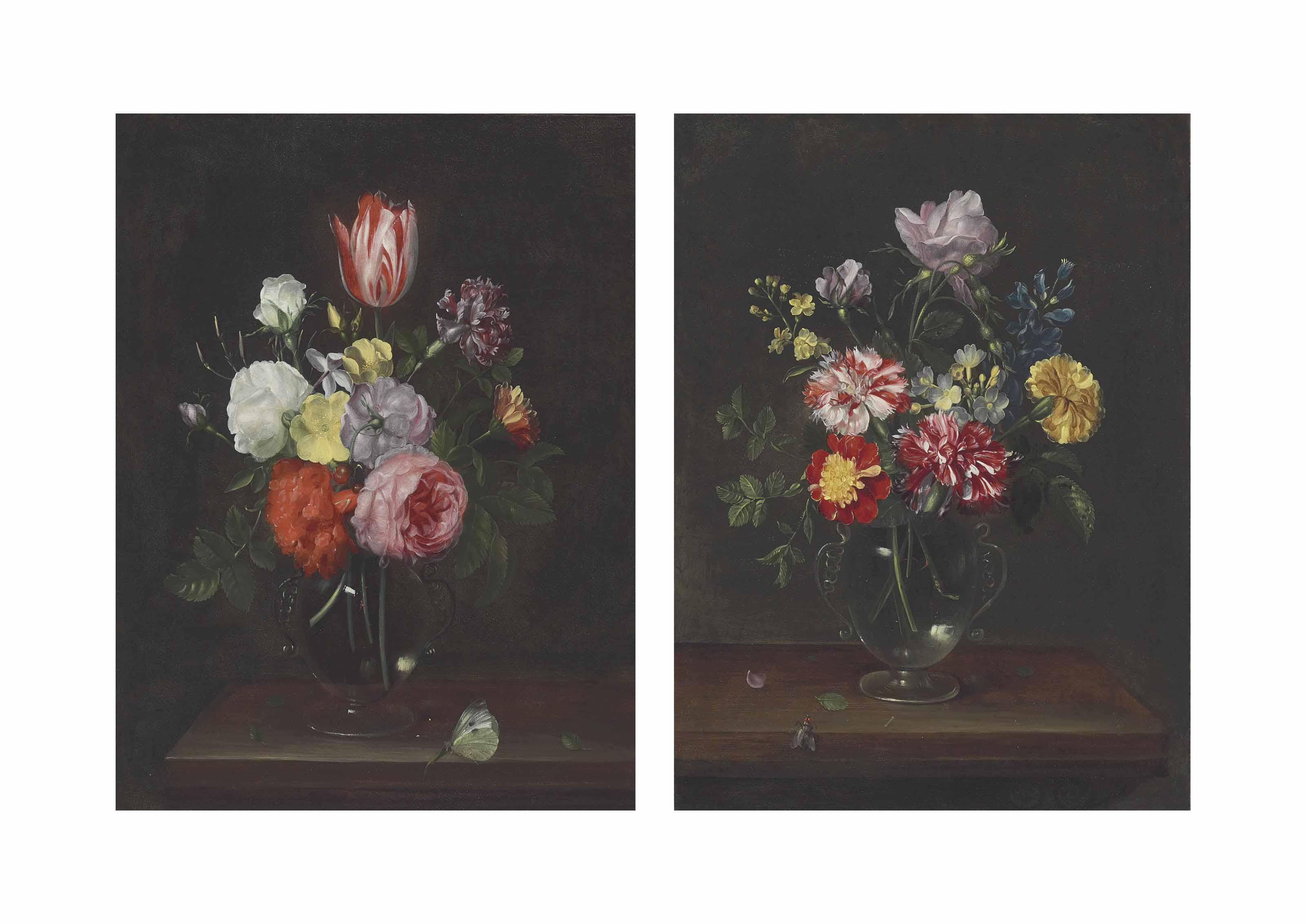 Frans Ykens - Roses, Carnations, A Tulip, And Other Flowers In A Glass Vase, With A Butterfly On A Wooden Tabletop; And Roses, Carnations, And Other Flowers In A Glass Vase, With A Fly On A Wooden Tabletop