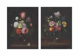 Frans Ykens - Roses, Carnations, A Tulip, And Other Flowers In A Glass Vase, With A Butterfly On A Wooden Tabletop; And Roses, Carnations, And Other Flowers In A Glass Vase, With A Fly On A Wooden Tabletop
