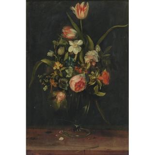 Frans Ykens - Still Life Of Roses, Tulips, Narcissus And Other Flowers In A Glass Vase