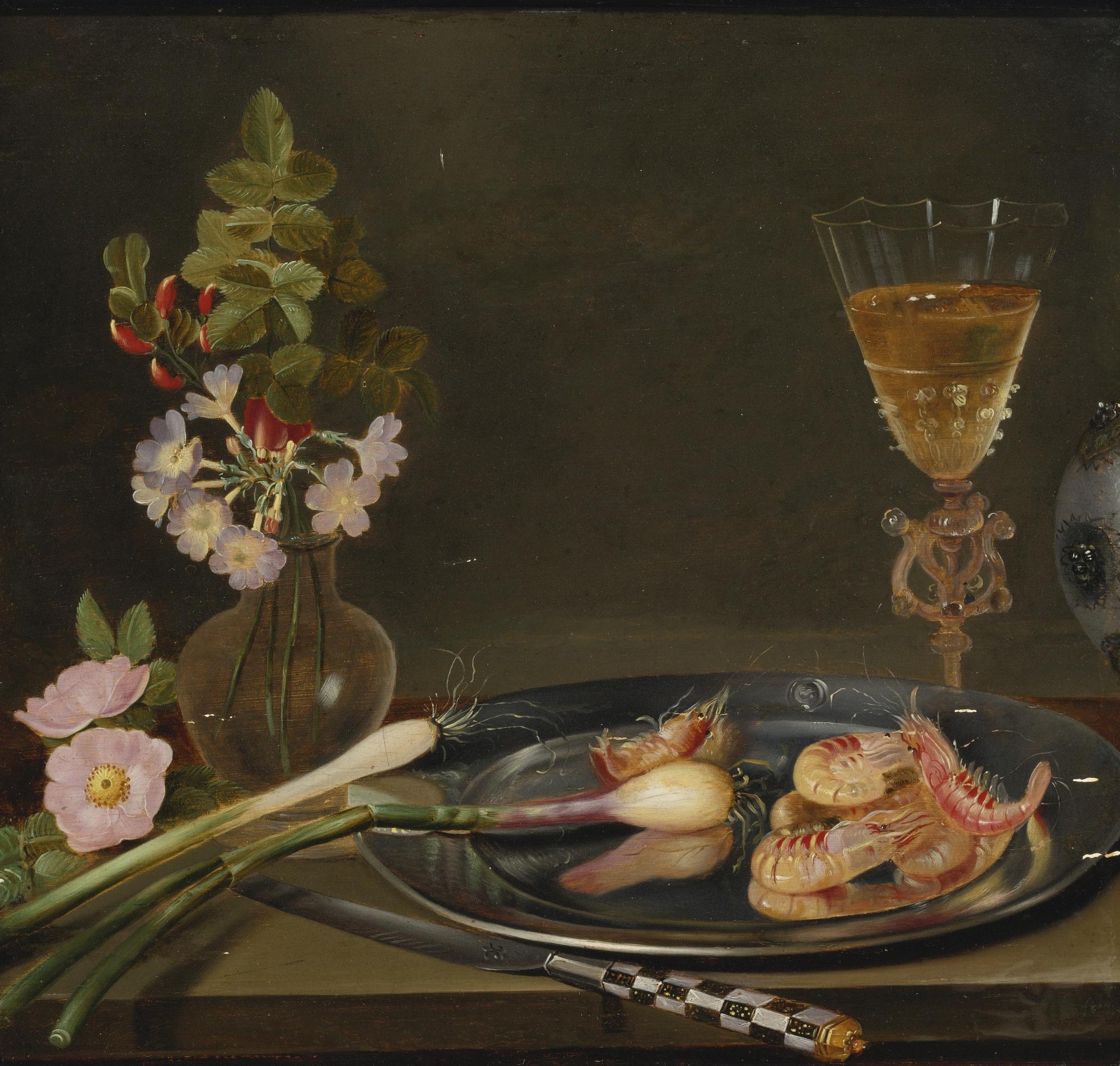 Frans Ykens - Still Life With Shrimp, Ramps, Flowers And A Glass Vase