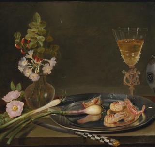 Frans Ykens - Still Life With Shrimp, Ramps, Flowers And A Glass Vase