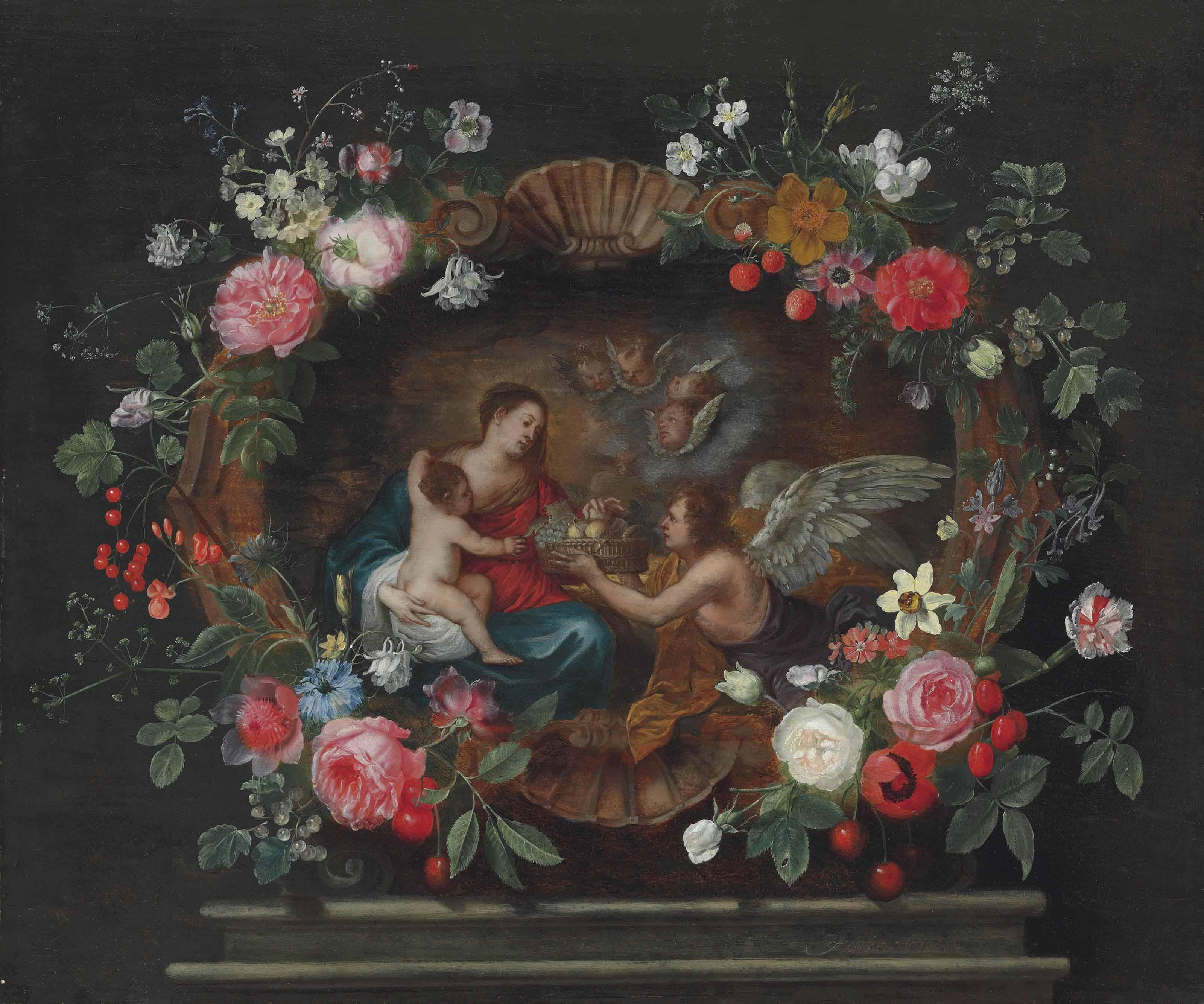 Frans Ykens - The Madonna and Child with attendant angels, in a sculpted cartouche decorated with roses, columbines, daffodils and other flowers on a plinth