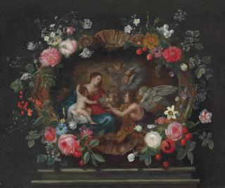 Frans Ykens - The Madonna and Child with attendant angels, in a sculpted cartouche decorated with roses, columbines, daffodils and other flowers on a plinth
