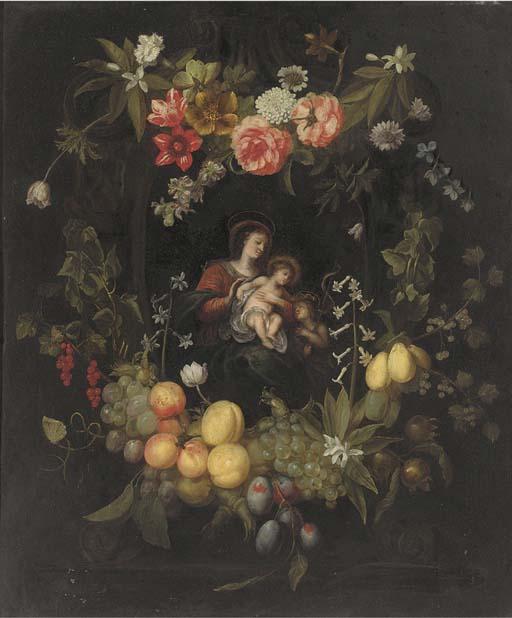 Frans Ykens - The Virgin and Child surrounded by a cartouche of flowers and fruit