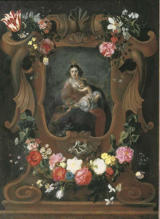 Frans Ykens - The Virgin and Child with the young Saint John the Baptist, surrounded by a cartouche with floral garlands