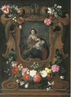 Frans Ykens - The Virgin and Child with the young Saint John the Baptist, surrounded by a cartouche with floral garlands