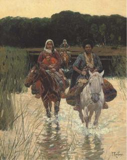 Frants Alekseevich Rubo - A Cherkesse Family Fording A River
