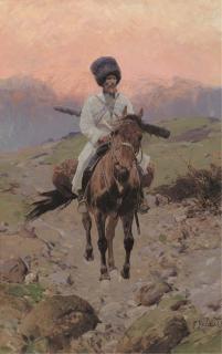 Frants Alekseevich Rubo - A Cossack on horseback at sunset
