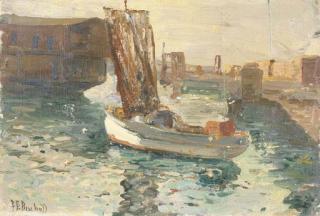 Franz Albert Bischoff - Sailboat in a Harbor Seascape