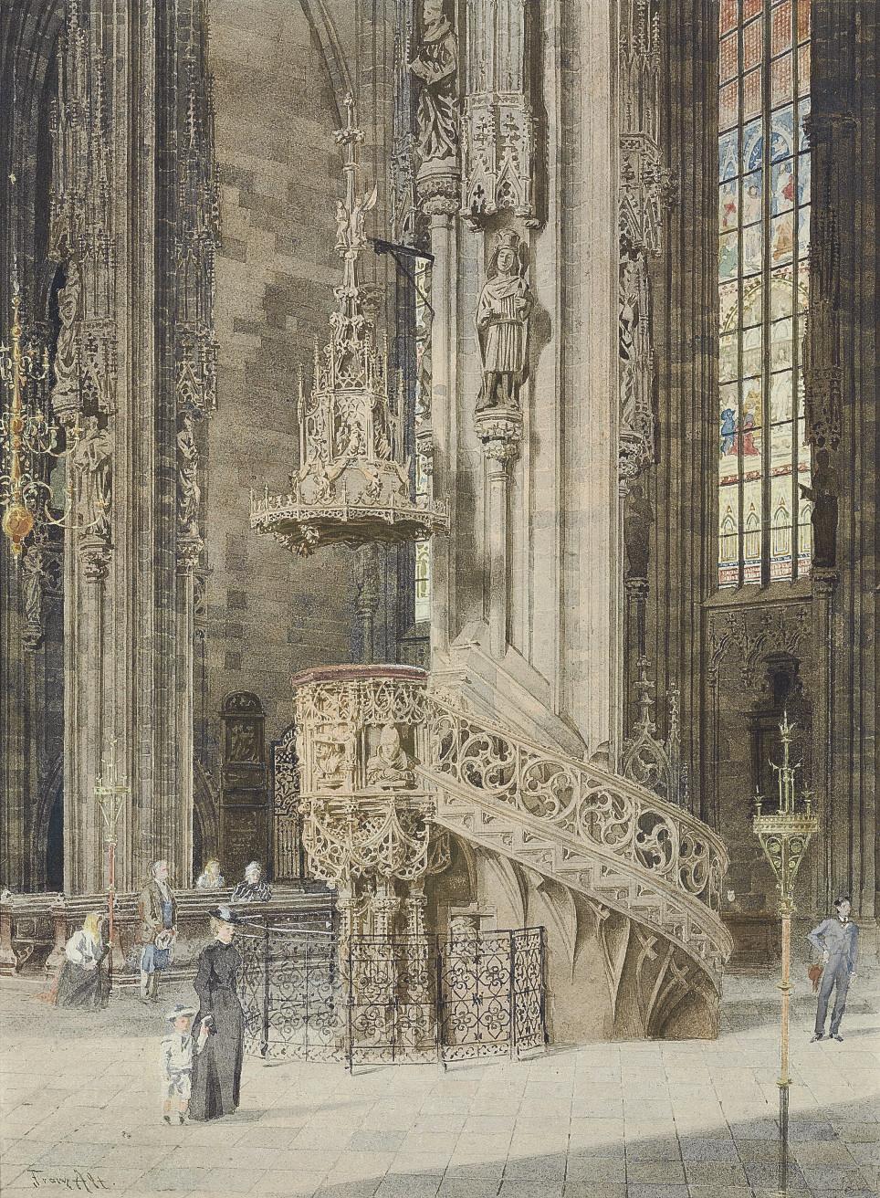 Franz Alt - A church interior with a Gothic pulpit