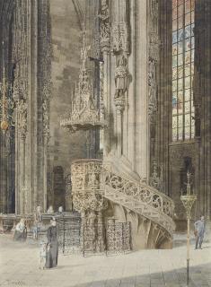 Franz Alt - A church interior with a Gothic pulpit