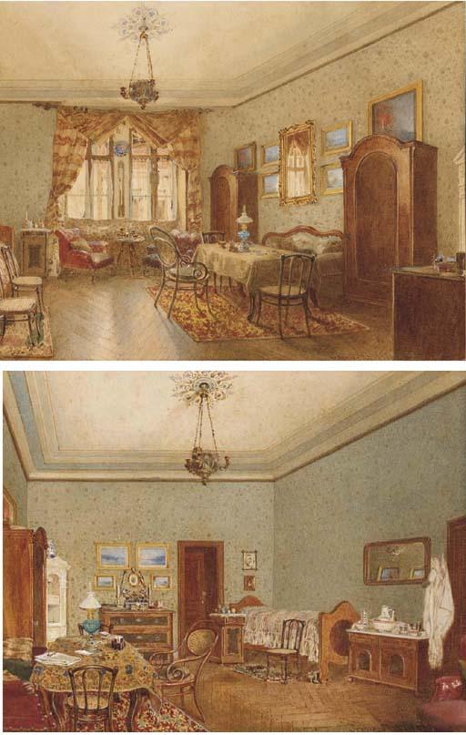 Franz Alt - The interior of a large sitting room looking towards a double window; and The interior of the same room looking towards the door