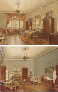 Franz Alt - The interior of a large sitting room looking towards a double window; and The interior of the same room looking towards the door