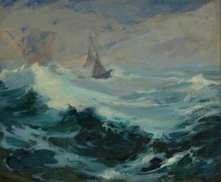 Franz Arthur Bischoff - Sailing on a Stormy Sea 20 x 24in