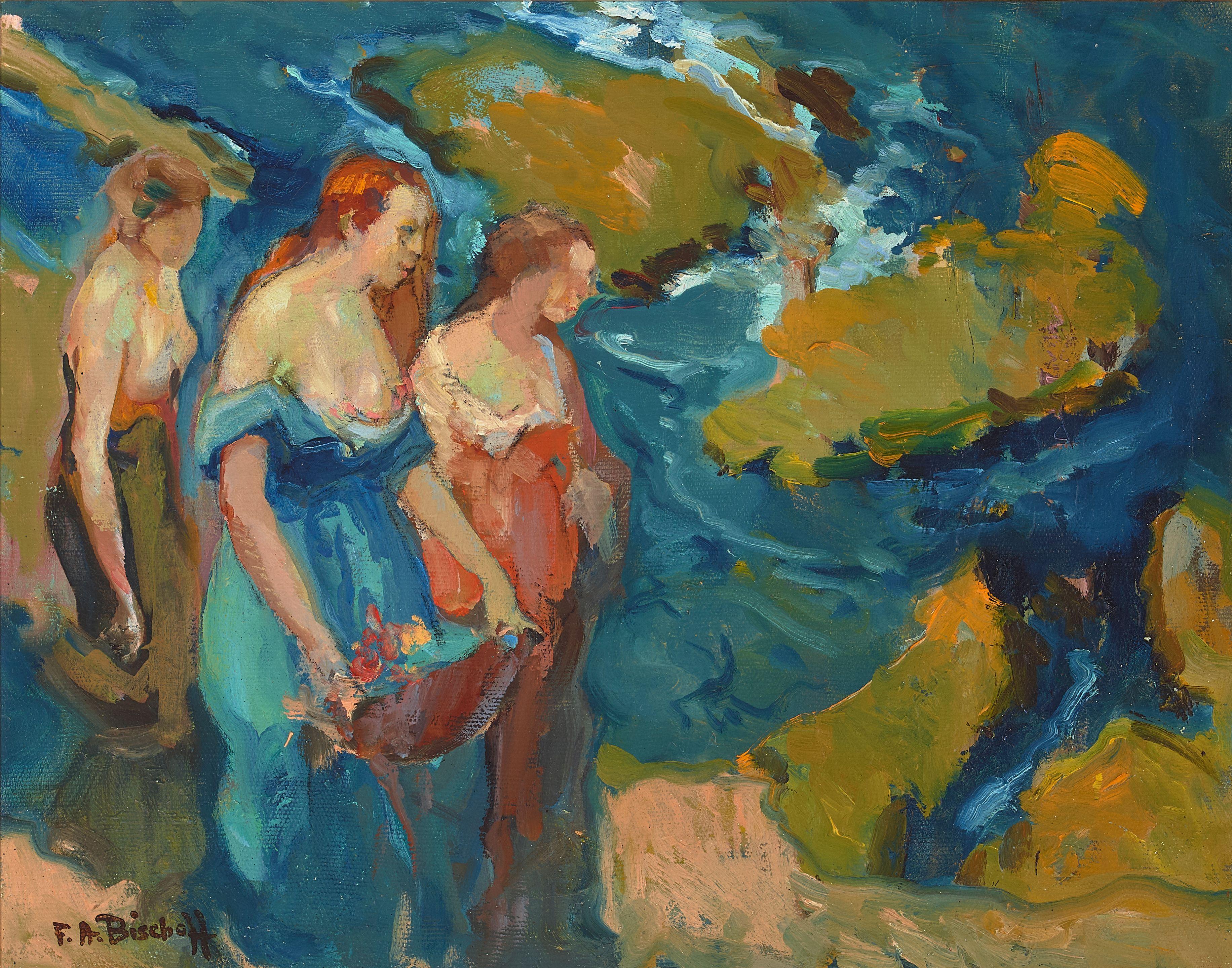 Franz Arthur Bischoff - Three Women at the Seaside 13 1/4 x 16 1/2 in. framed 19 3/4 x 23 1/4 in.