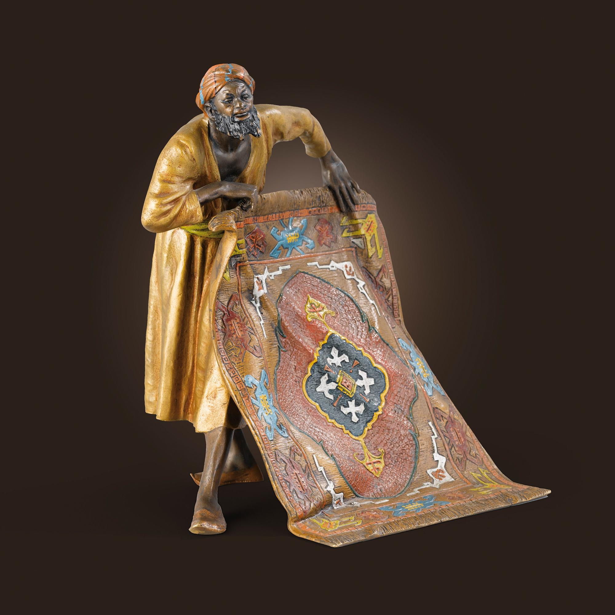 Franz Bergman - Le Marchand de tapis, en bronze doré et bronze à patine brune peint à froid en rouge, blanc, vert et jaune