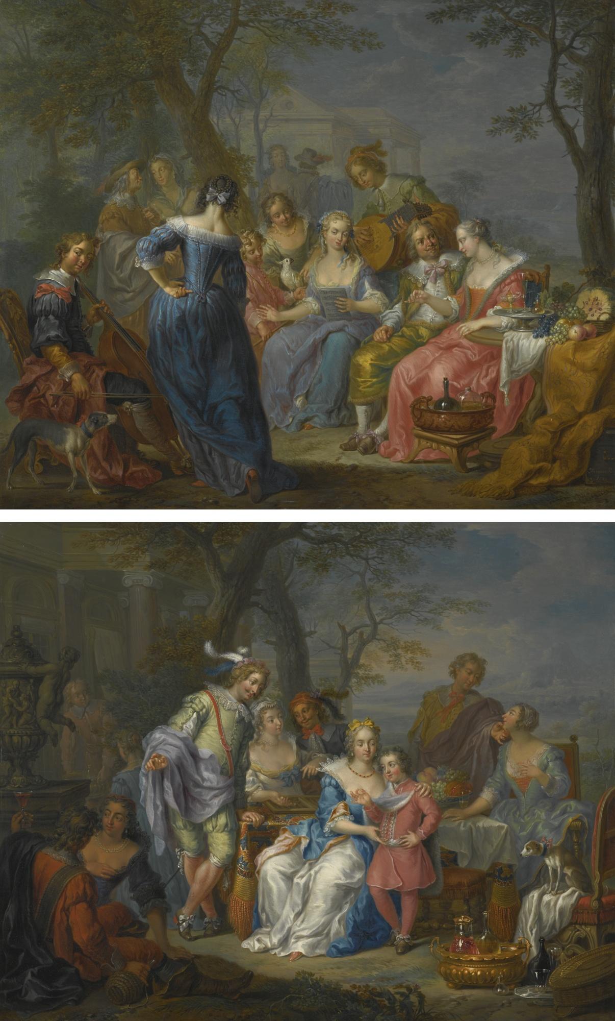 Franz Christoph Janneck - An Elegant Company In A Landscape Serenaded By Musicians, A Classical Building Beyond; An Elegant Company In A Landscape With A Couple Playing Backgammon, Beside A Sculpted Urn And A Classical Façade