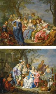 Franz Christoph Janneck - An Elegant Company In A Landscape Serenaded By Musicians, A Classical Building Beyond; An Elegant Company In A Landscape With A Couple Playing Backgammon, Beside A Sculpted Urn And A Classical Façade