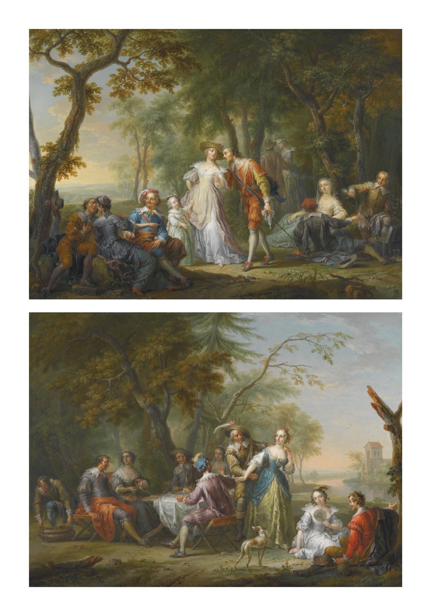 Franz Christoph Janneck - An Elegant Company Merrymaking In A Wooded Landscape; An Elegant Company Dining And Merrymaking In A Wooded Landscape, Near The Banks Of A River