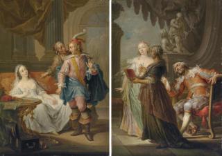 Franz Christoph Janneck - An Elegant Couple With An Old Maid In An Interior; And An Elegant Couple With An Old Maid In An Exterior