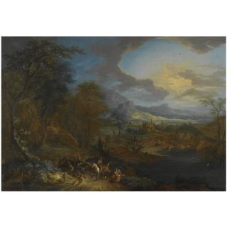Franz Christoph Janneck - An Extensive Rhenish Landscape With Travellers And Their Horses On A Path In The Foreground