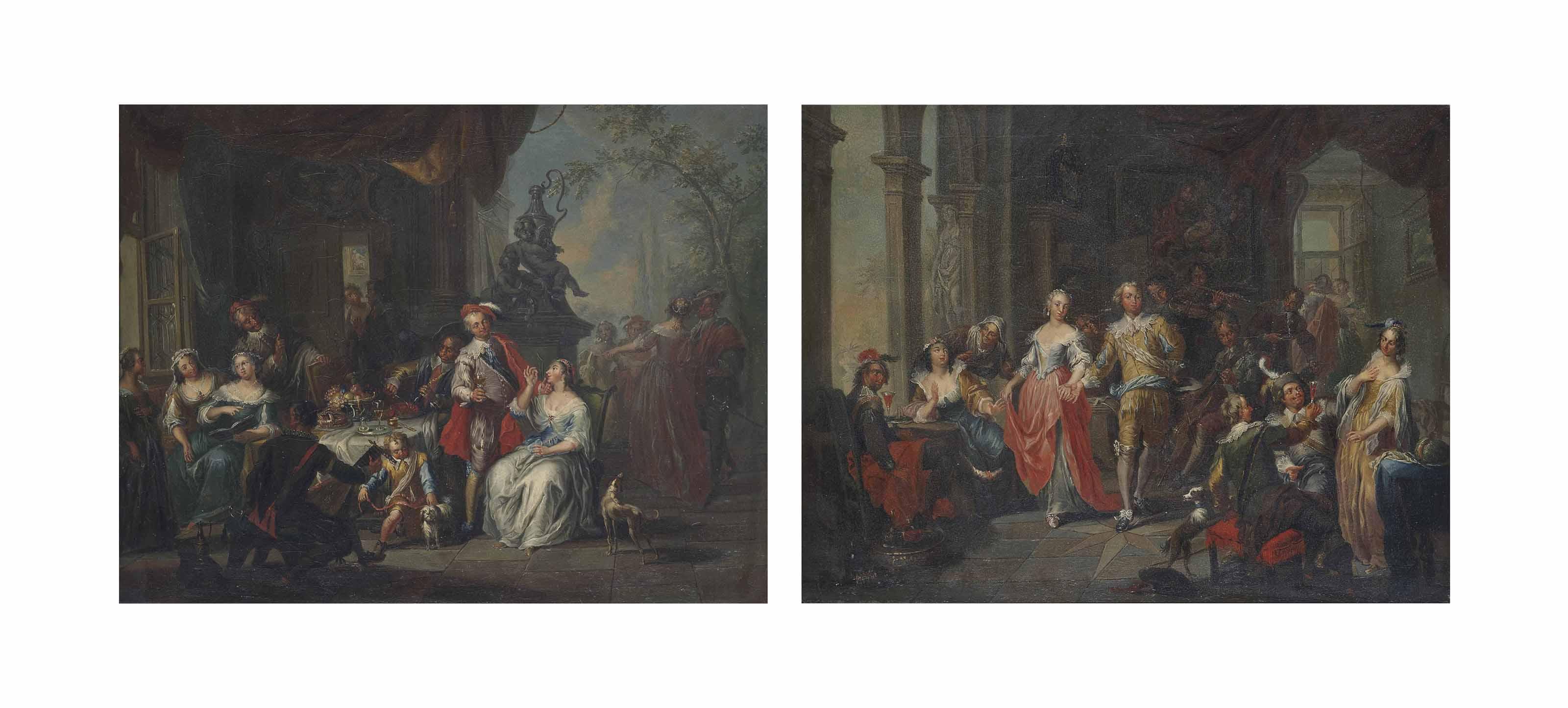 Franz Christoph Janneck - Elegant company dancing and music making in an interior; and Elegant company feasting in a terrace