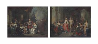 Franz Christoph Janneck - Elegant company dancing and music making in an interior; and Elegant company feasting in a terrace