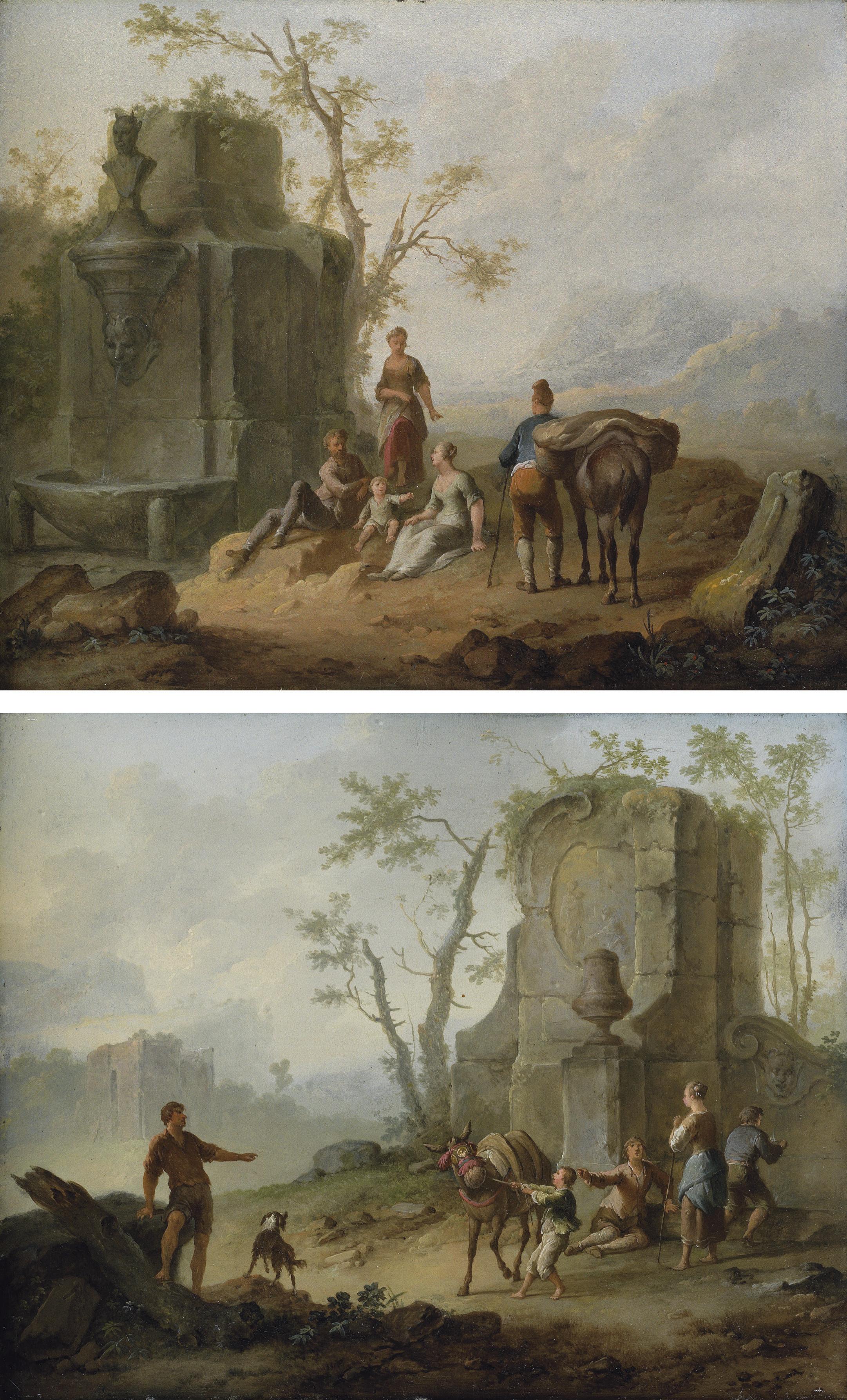 Franz De Paula Ferg - A classical landscape with a family resting by the ruins of a fountain, a man with a pack-donkey passing by; and A classical landscape with a family resting by the ruins, a boy struggling with an obstinate pack mule