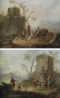 Franz De Paula Ferg - A classical landscape with a family resting by the ruins of a fountain, a man with a pack-donkey passing by; and A classical landscape with a family resting by the ruins, a boy struggling with an obstinate pack mule