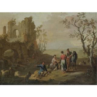 Franz de Paula Ferg - A Landscape With Figures Resting Near Classical Ruins