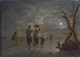 Franz De Paula Ferg - A Moonlit Winter Landscape With Skaters On A Frozen River