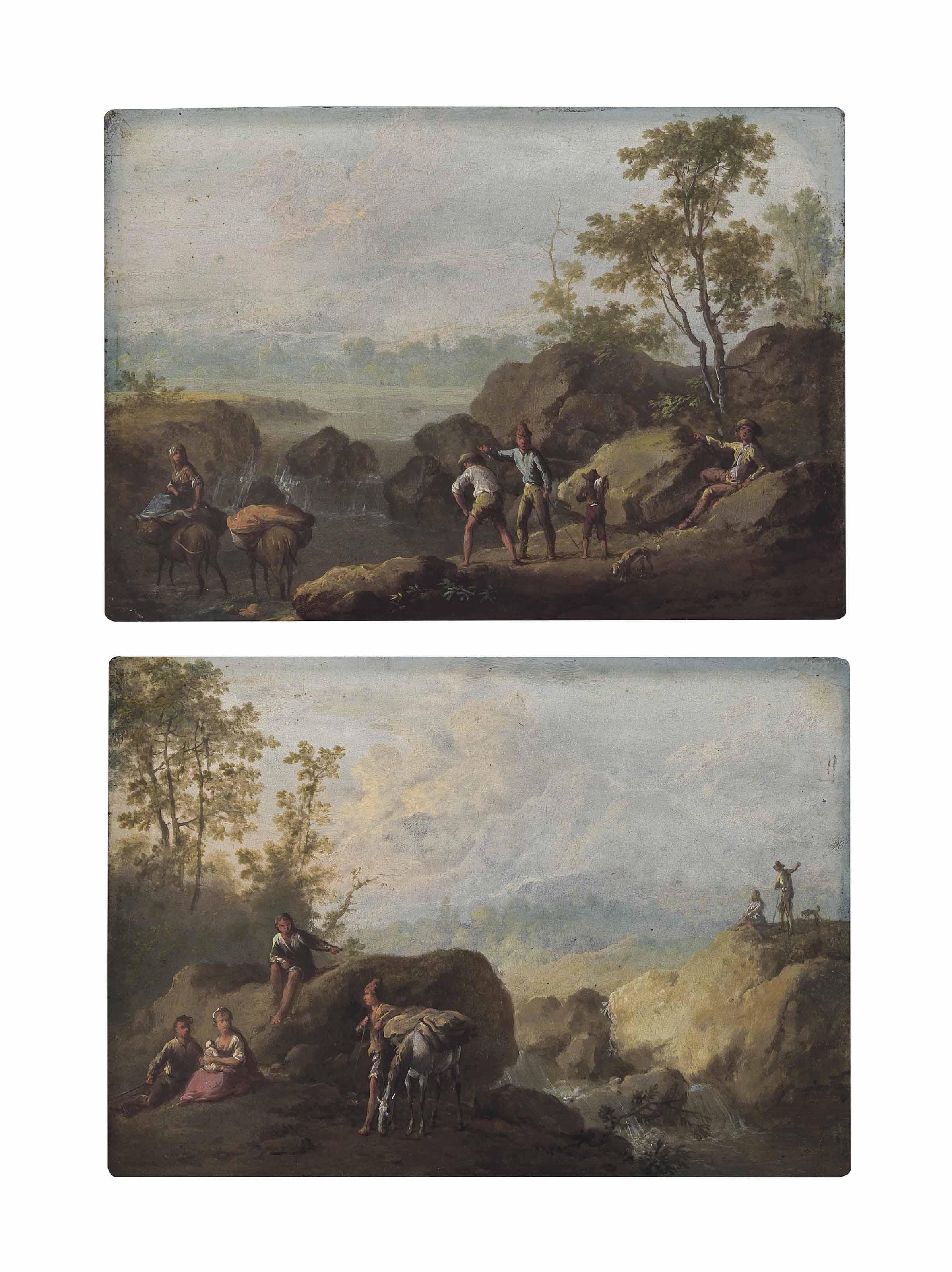 Franz De Paula Ferg - A river landscape with travellers resting on banks; and A river landscape with travellers crossing a river