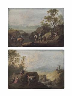 Franz De Paula Ferg - A river landscape with travellers resting on banks; and A river landscape with travellers crossing a river