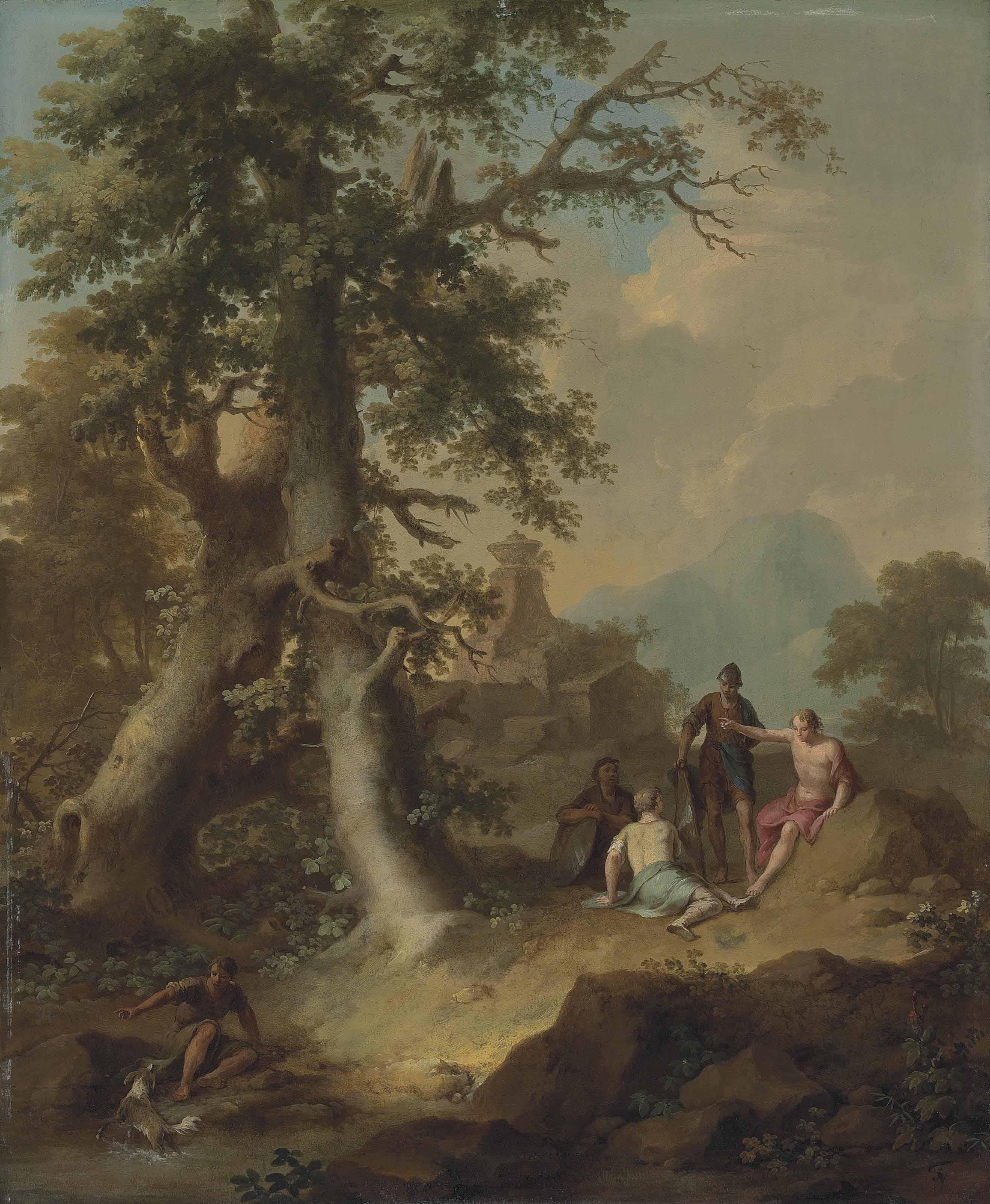 Franz De Paula Ferg - A Wooded Landscape With Soldiers And Other Figures Resting, With A Classical Tomb Beyond