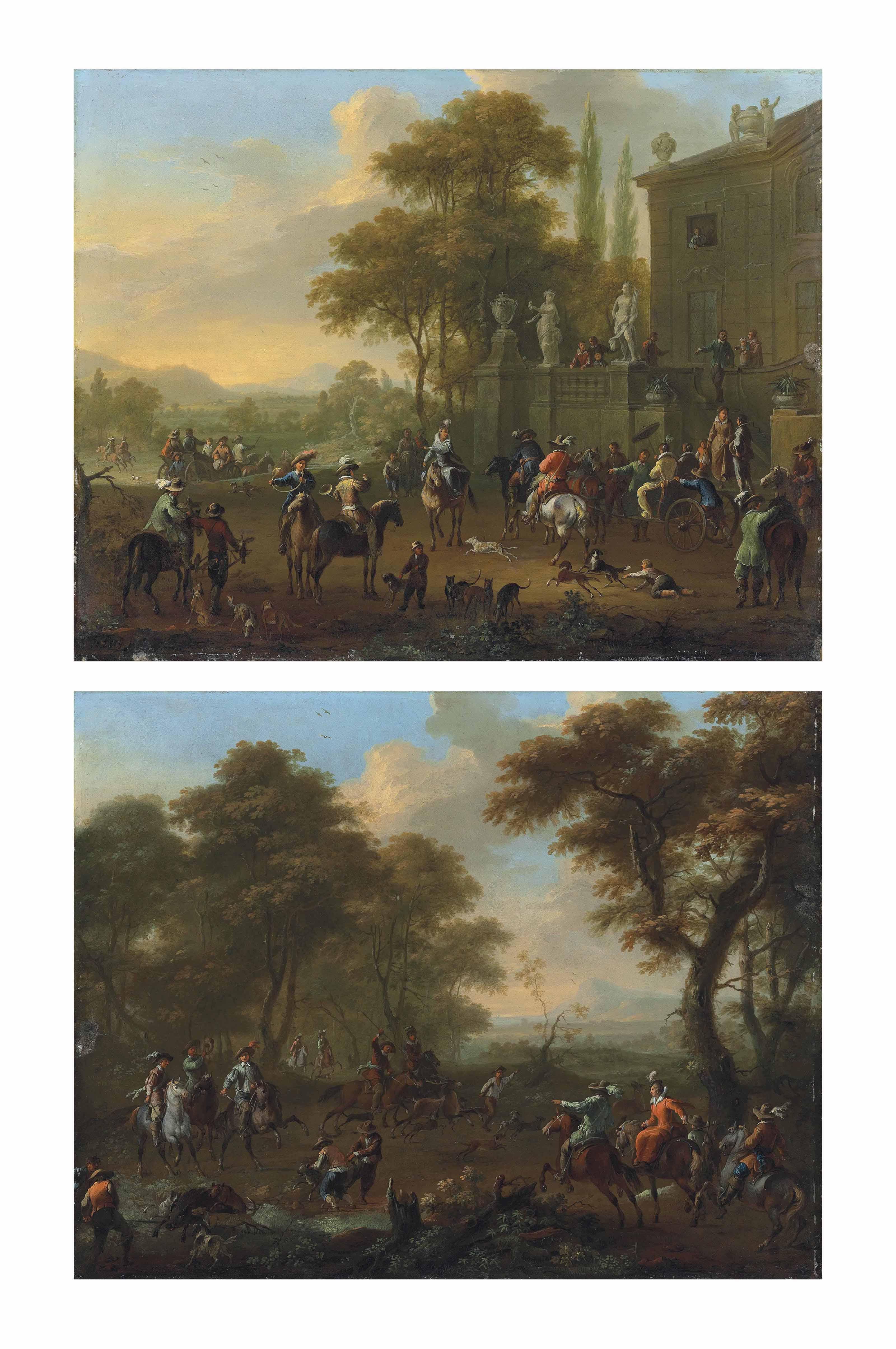 Franz de Paula Ferg - An elegant party at a country house, preparing to set out for the hunt; and An elegant hunting party capturing a stag and boar